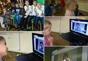 Zdjęcie przedstawia wideokonferencję przedszkolaków i absolwentów z wolontariuszem z Hiszpanii