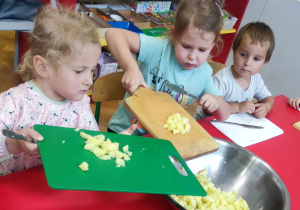 Dzieci wkładają pokrojone składniki do wspólnej miski