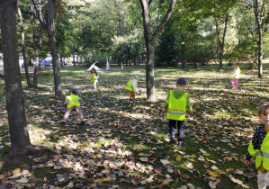 Na zdjęciu widzimy grupkę dzieci, która zbiera liście w pobliskim parku.