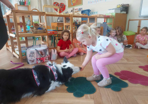 Na zdjęciu widać małą dziewczynkę, która podaje psu karmę z otwartej dłoni