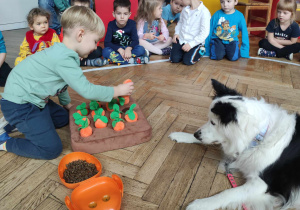 Dzieci szykują zadanie dla psa - zabawę węchową