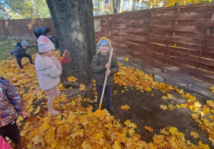Zdjęcie przedstawia dzieci z grabiami wśród liści.