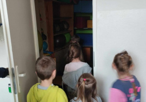 Na zdjęciu widzimy grupkę dzieci, która mogła wejść do kartorka i zobaczyć sprzęt gimnastyczny dotępny na małej sali do zabaw ruchowych.