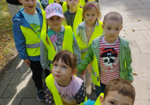 Na zdjęciu widzimy grupkę dzieci, które idą na spacer na pobliskie skrzyżowanie.