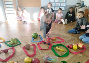 Na zdjęciu widzimy dziewczynkę, która segreguje śliwkę do odpowiedniej pętli.