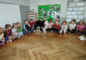 Na zdjęciu widzimy grupkę dzieci siedzącą na podłodze. Przy kilkorgu dzieciach stoi Lilka. Dzieci ją głaszczą.