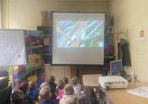 Zdjęcie przedstawia dzieci oglądające film edukacyjny na rzutniku.