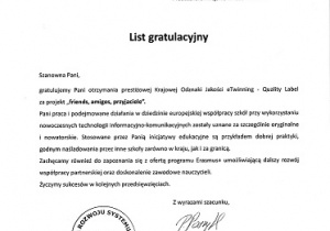 Zdjęcie przedstawia list gratulacyjny za projekt Friends, amigos, przyjaciele.
