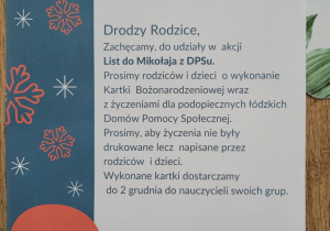 Zdjęcie przedstawia informację dla rodziców dotyczącą akcji List do Mikołaja z DPSu.