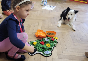 Zdjęcie przedstawia dziewczynkę chowajacą przekąskę dla psa w filcowej choince.