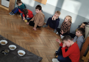 Na zdjęciu widzimy grupkę dzieci siedzącą na podłodze i słuchającą nauczyciela, który mówi o tym, czym należy karmić ptaki. Przed dziećmi na dywaniku leżą trzy miseczki. W jednej są ziarenka, a w dwóch pozostałych masy ziarenkowe dla ptaków.