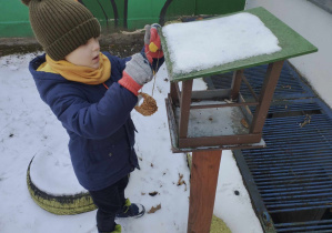 Na zdjęciu widzimy chlopca, który wkłada wykonaną kolbkę do karmnika znajdującego się w ogrodzie przedszkolnym.