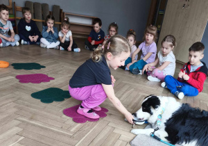 Dziecko karmi psa smaczkiem podając z miseczki