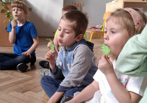 dzieci dmuchają w piórka