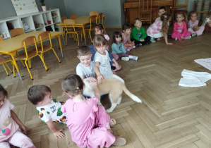 Na zdjęciu widzimy dzieci, które głaszczą młodą suczkę Bibi.