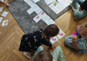 Na zdjęciu widzimy dziewczynkę, które przyporządkowuje ilustrację przedstawiającą budowę motyla do ilustracji znajdujących się na dywaniku.