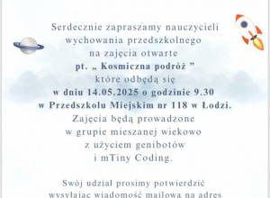 Zaproszenie na zajęcia otwarte dla nauczycieli wychowania przedszkolnego