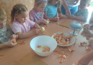 dzieci obierają cebulę i ją rozdrabniają