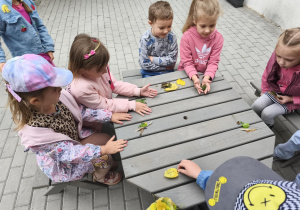 Na zdjęciu grupa dzieci, która ogląda zebrany przez siebie materiał naturalny