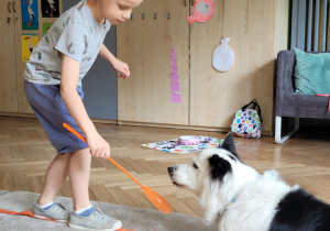 Zdjęcie przedstawia dziecko i psa. Dziecko podaje psu przysmak.