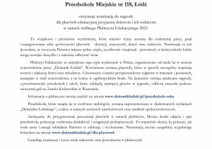 Zdjęcie przedstawia List gratulacyjny dotyczący nominacji do nagrody w Plebiscycie Edukacyjnym 2025 dla Przedszkola Miejskiego nr 118 w Łodzi.
