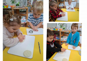 kolaż zdjęć. dzieci z masy solnej odciskają kształt liścia