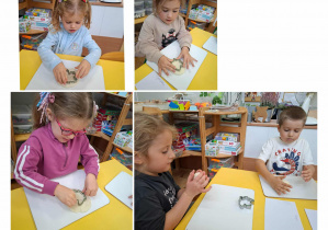kolaż zdjęć. dzieci z masy solnej odciskają kształt liścia