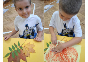 kolaż zdjęć. na jednym chłopiec ułożył kompzycję z liści, na drugim kalkuje je