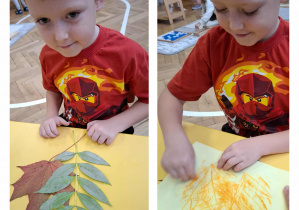 kolaż zdjęć. na jednym chłopiec ułożył kompzycję z liści na drugim kalkuje je