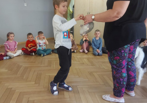 chłopiec, który bierze pluszowego jeża od terapeuty w celu jego schowania