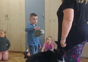 chłopiec, który bierze pluszowego jeża od terapeuty w celu jego schowania