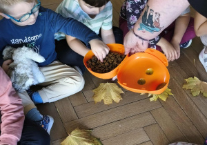 Na zdjęciu widzimy dzieci, które biorą jeden smakołyk i chowają go pod liścia.