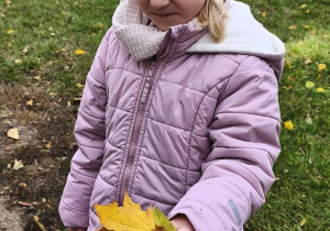 Na zdjęciu widzimy dziewczynkę, która nazbierała liści.