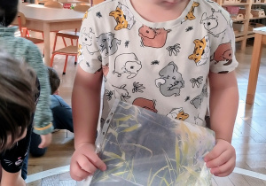 Chłopiec pokazuje dzieciom zdjęcie rybek.