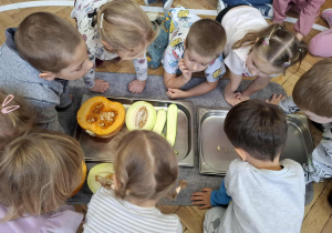 dzieci patrzą na warzywa i owoc