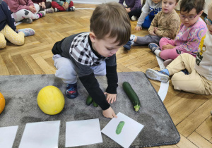 Na zdjęciu widzimy chłopca, który przyporządkowuje ilustrację ogórka do warzywa leżącego na dywaniku.