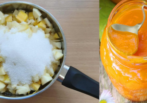 Na zdjęciu widzimy garnek, w którym umieszczone są wszystkie składniki do wykonania dżemu dyniowego oraz już wykonany dżem dyniowy w słoiczku.