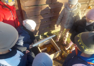 ustawienie domku blisko znalezionego przez dzieci miejsca, wsypywanie do niego liści