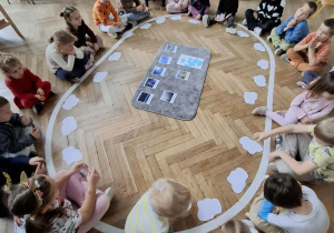 grupa dzie siedzi na elipsie, przed każdym leży wycięta z papieru chmura