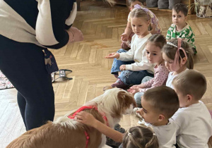 Zdjęcie przedstawia dzieci głaszczące psa.