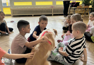 Zdjęcie przedstawia dzieci głaszczące psa.