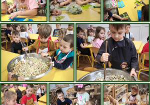 Dzieci kroją produkty do sałatki, mieszają i doprawiają do smaku.