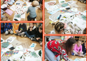 Dzieci siedzą w kręgu i oglądają tkaniny przyniesione przez gościa