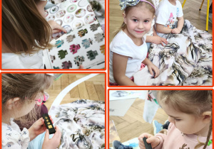 Dziewczynki ubrały się w tkaniny przyniesione prze gościa