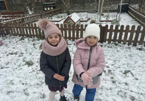 Zdjęcie przedstawia dwie dziewczynki stojące na śniegu.