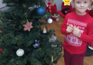 Chłopiec zawiesza ozdobę na choince.