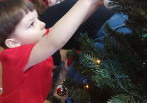 Chłopiec zawiesza ozdobę na choince.