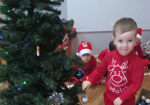 Chłopiec zawiesza ozdobę na choince.