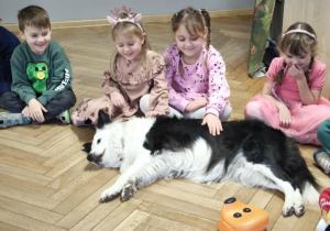Dzieci delikatnie głaszczą psa, przestrzegając zasady zajęć