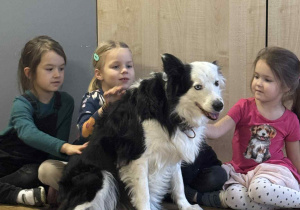 Zdjęcie przedstawia dzieci głaszczące psa.